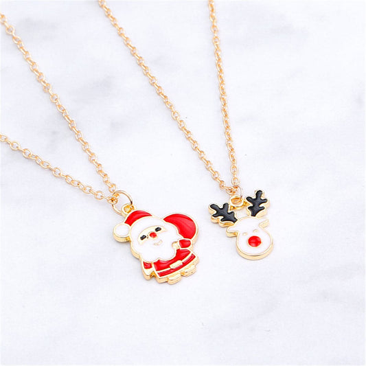 Red and 18K Gold-Plated Santa Claus and Reindeer Pendant Necklace Set, jewelry gift sets for women, front view