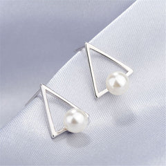 Pearl & Silver-Plated Hollow-Triangle Stud Earrings