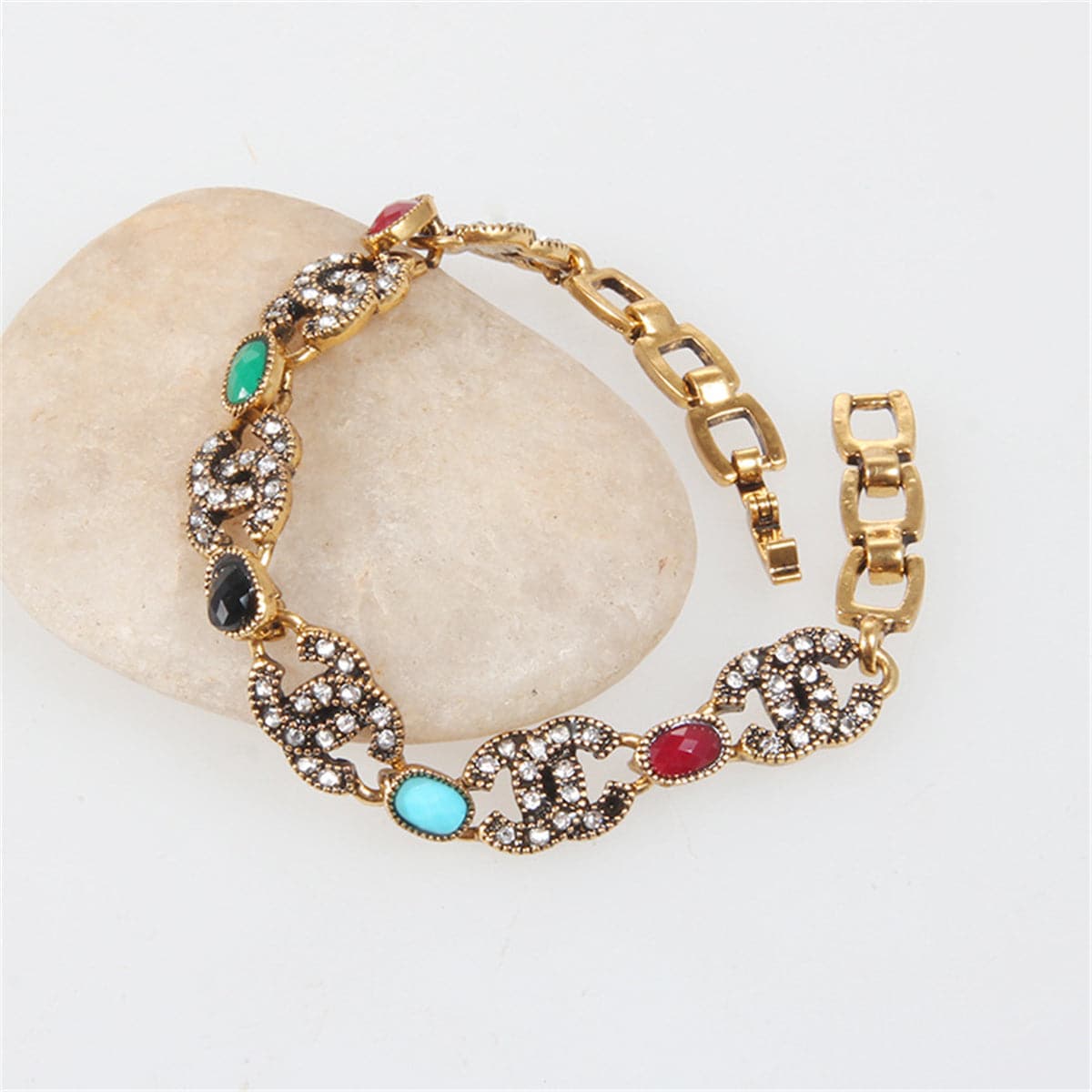 Cubic Zirconia and Resin 18K Gold-Plated Multicolor Oval Station Bracelet, gold bracelet for women, side view