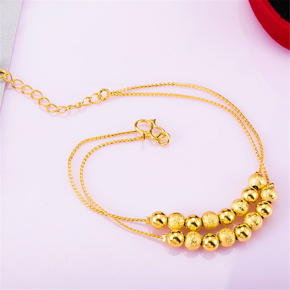 18K Gold-Plated Frosted Beaded Adjustable Bracelet, gold bracelet for women, botanical inspired, front view
