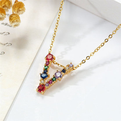 Red Multicolor Crystal and Cubic Zirconia Letter V Pendant Necklace, pendant necklace for women, front view