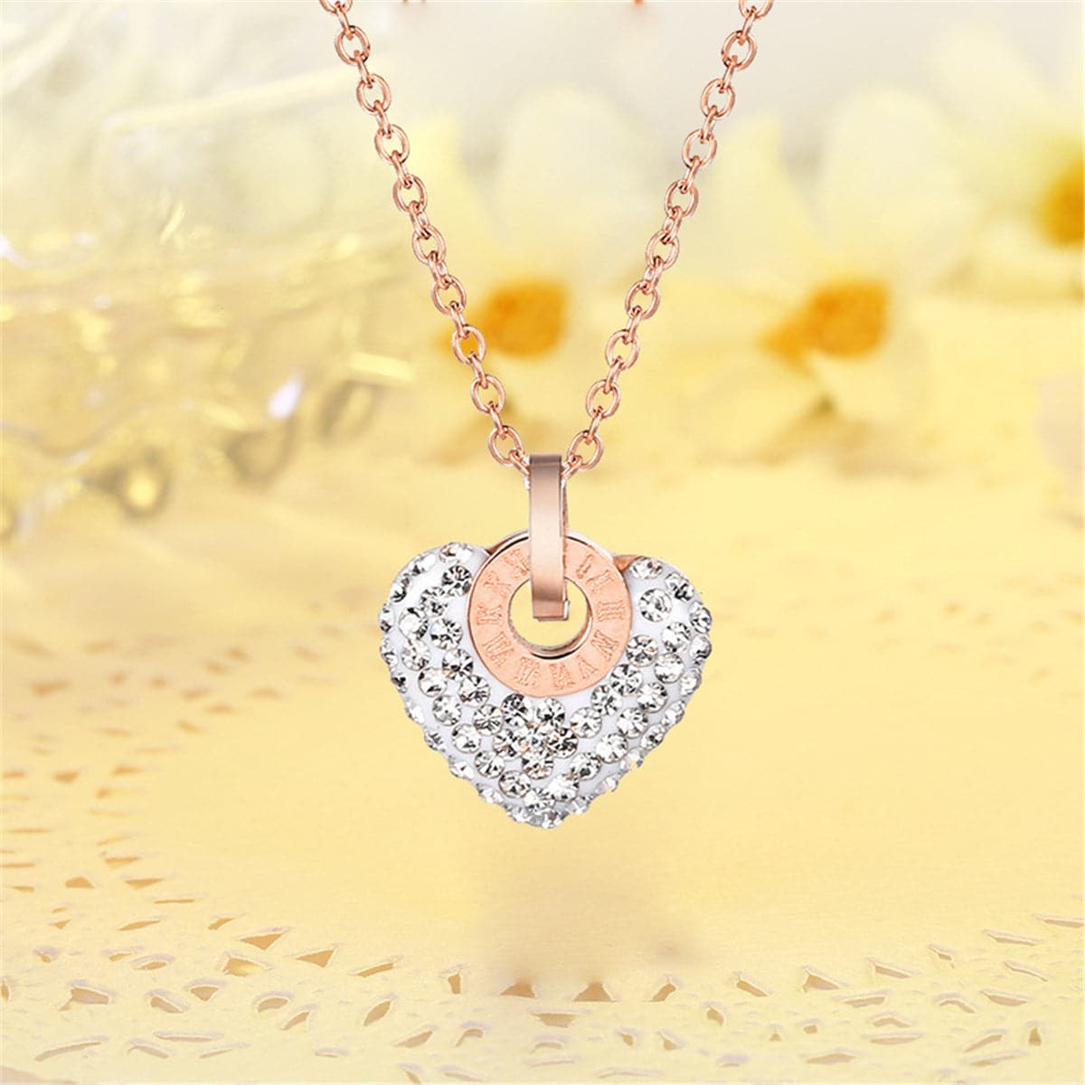 Cubic Zirconia & 18K Rose Gold-Plated Roman Numeral Heart Pendant Necklace