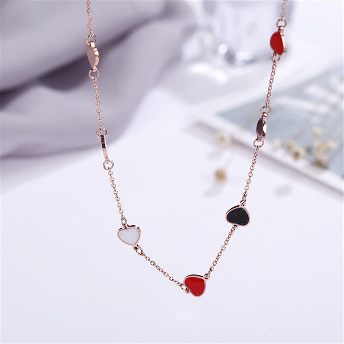 18K Rose Gold-Plated Heart Station Necklace, rose gold pendant necklace for women, vintage-inspired design, lifestyle look