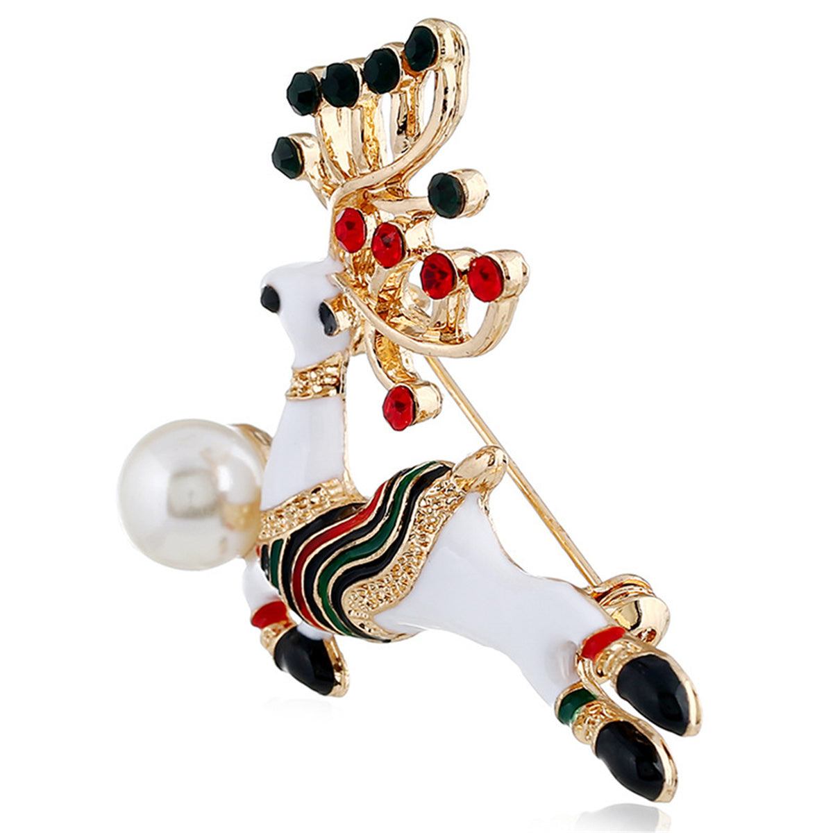 Cubic Zirconia and Pearl Enamel 18K Gold-Plated Reindeer Brooch, gold brooch pin, everyday style, lifestyle look