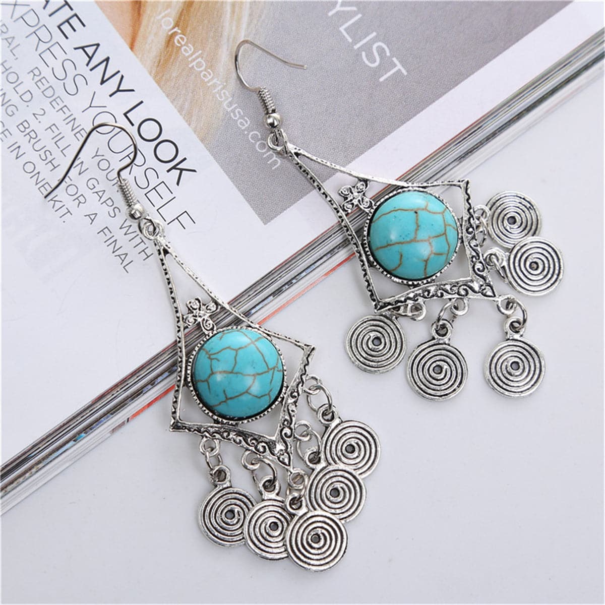 Turquoise & Silver-Plated Vortex Drop Earrings