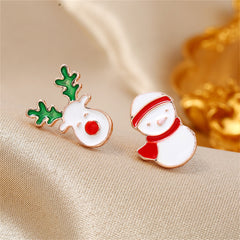 Delightful 18K gold-plated stud earrings with multicolor snowman and reindeer, perfect for holiday festivities.