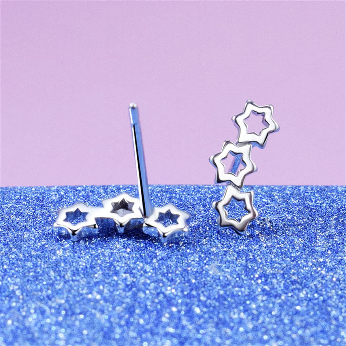 Silver-Plated Triple Hollow-Star Stud Earrings