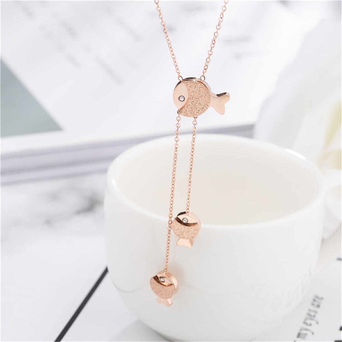 Cubic Zirconia and 18K Rose Gold-Plated Fish Pendant Necklace, rose gold pendant necklace for women, front view
