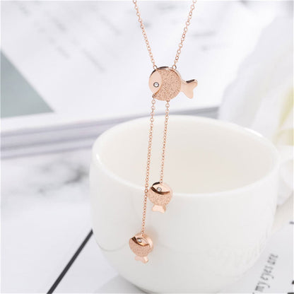 Cubic Zirconia and 18K Rose Gold-Plated Fish Pendant Necklace, rose gold pendant necklace for women, front view