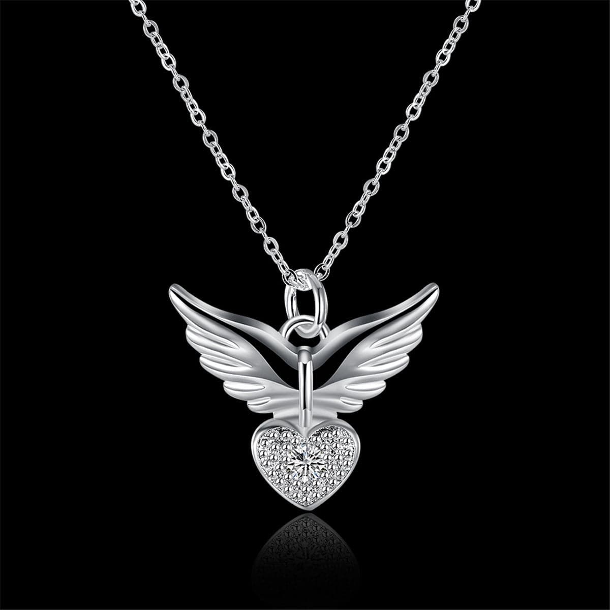cubic zirconia & Silver-Plated Flying Heart Pendant Necklace - streetregion