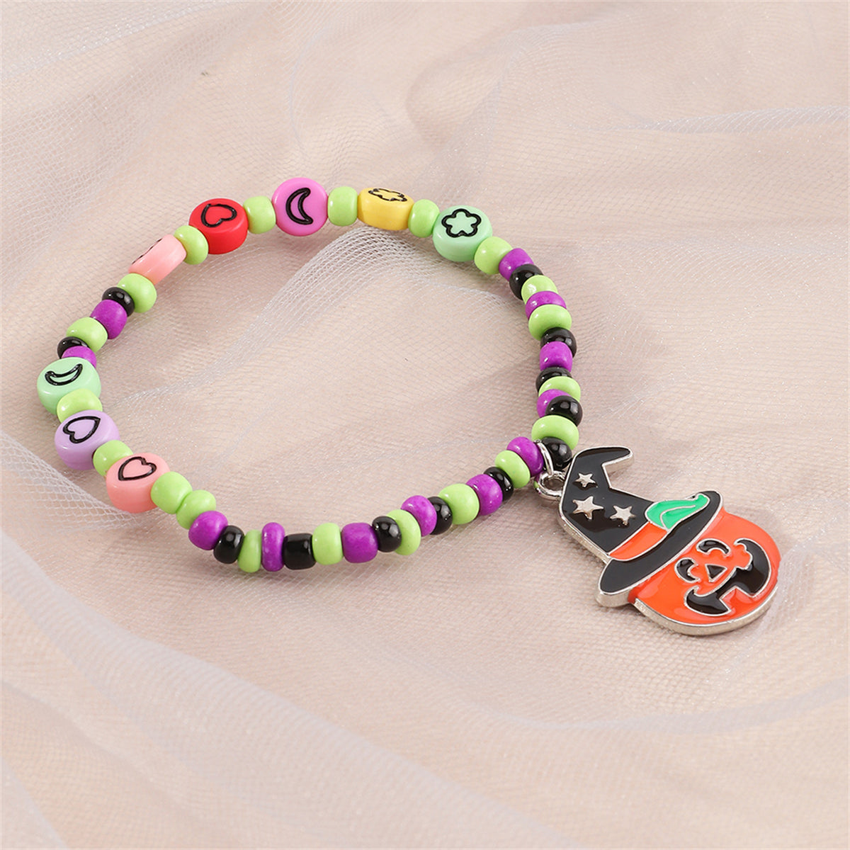 Orange Howlite & Silver-Plated Pumpkin Charm Stretch Bracelet