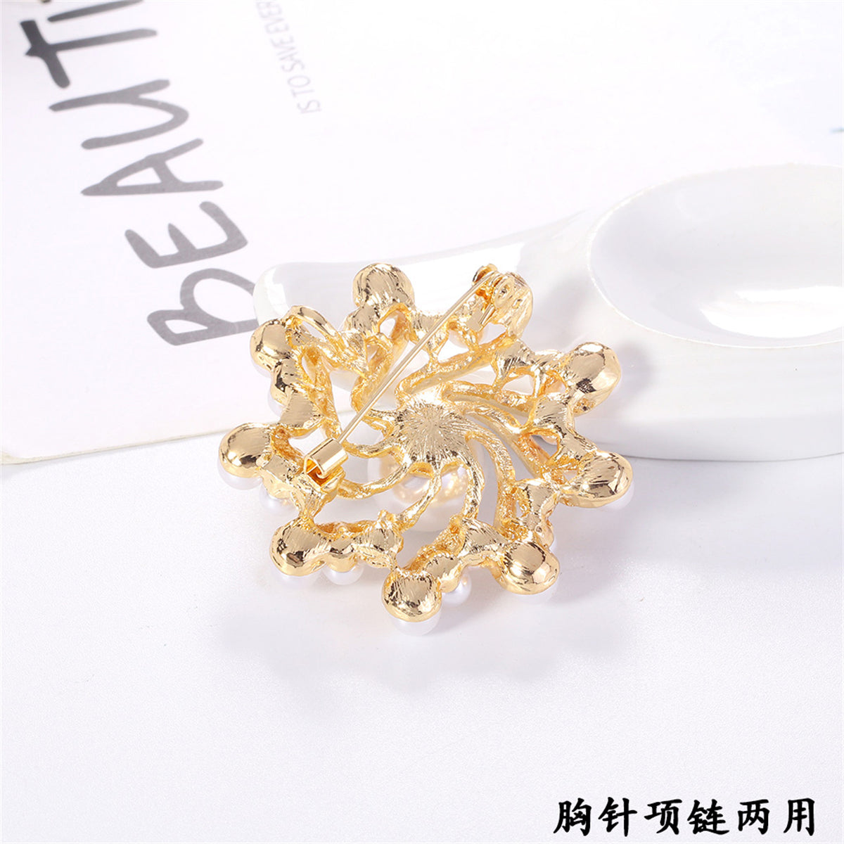 Clear Cubic Zirconia and Pearl 18K Gold-Plated Vortex Brooch, gold brooch pin, everyday style, styled look