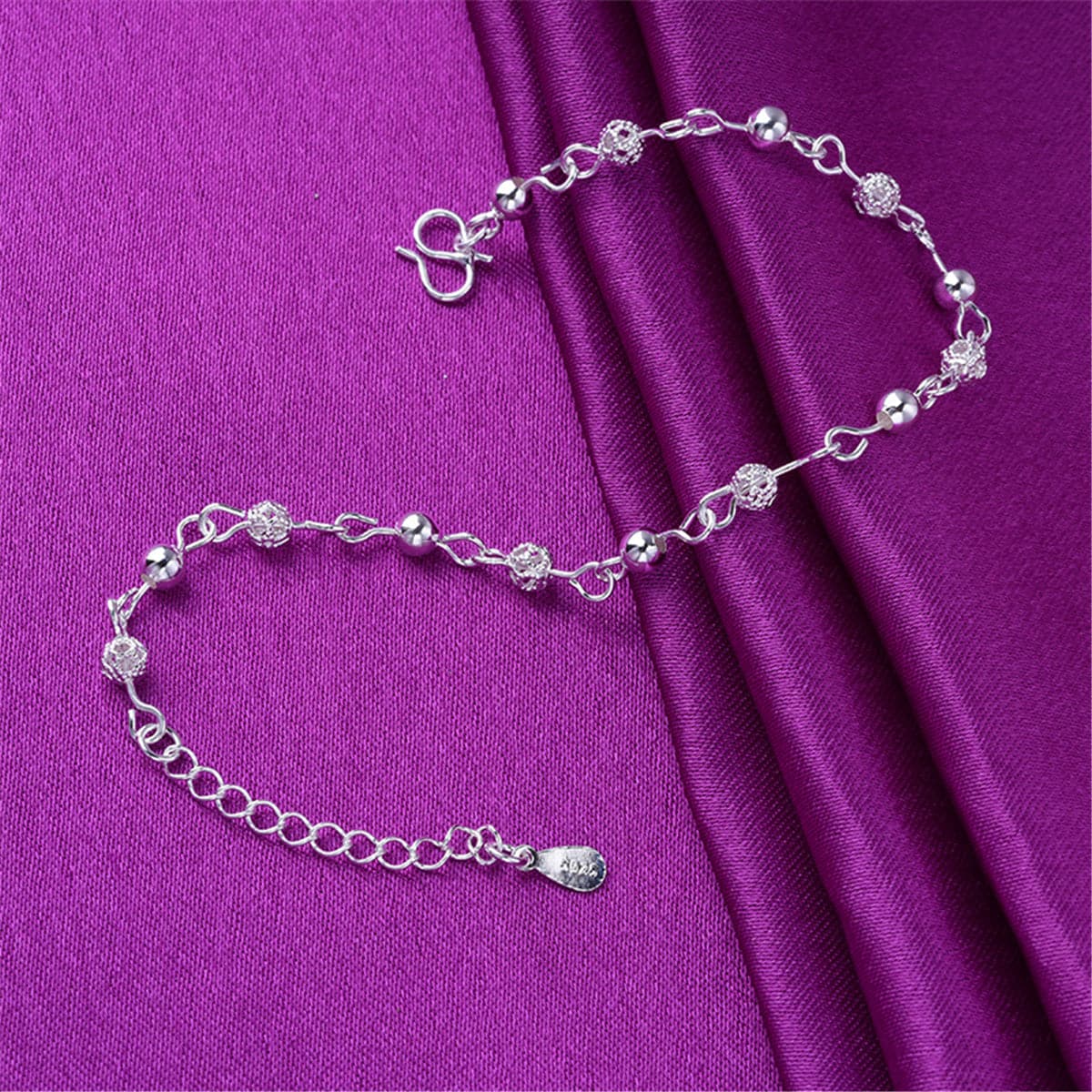 Silver-Plated Textured Bead Station Anklet