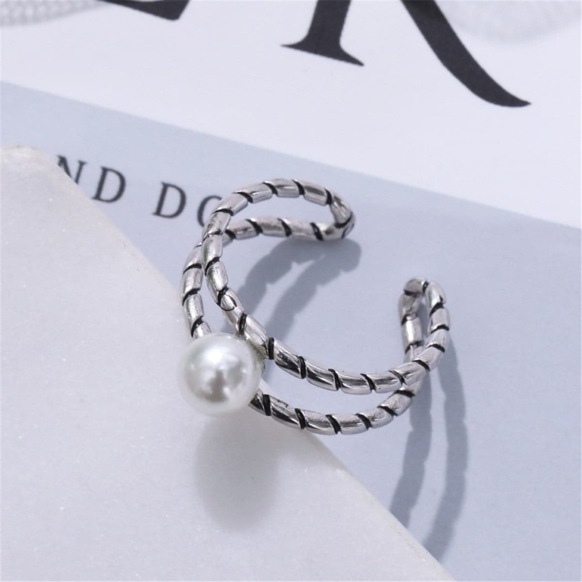 Pearl and Silver-Plated Openwork Ring, silver statement rings for women, botanical inspired, lifestyle look