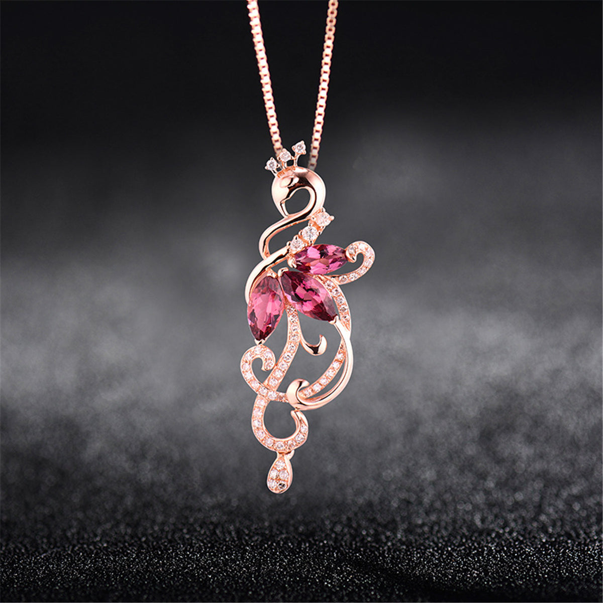 Red Crystal and Cubic Zirconia Pear-Cut Peacock Pendant Necklace, pendant necklace for women, detail close-up