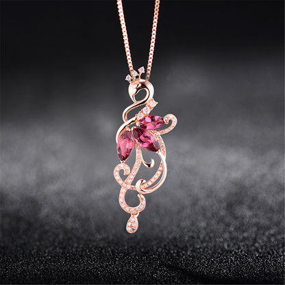 Red Crystal and Cubic Zirconia Pear-Cut Peacock Pendant Necklace, pendant necklace for women, detail close-up