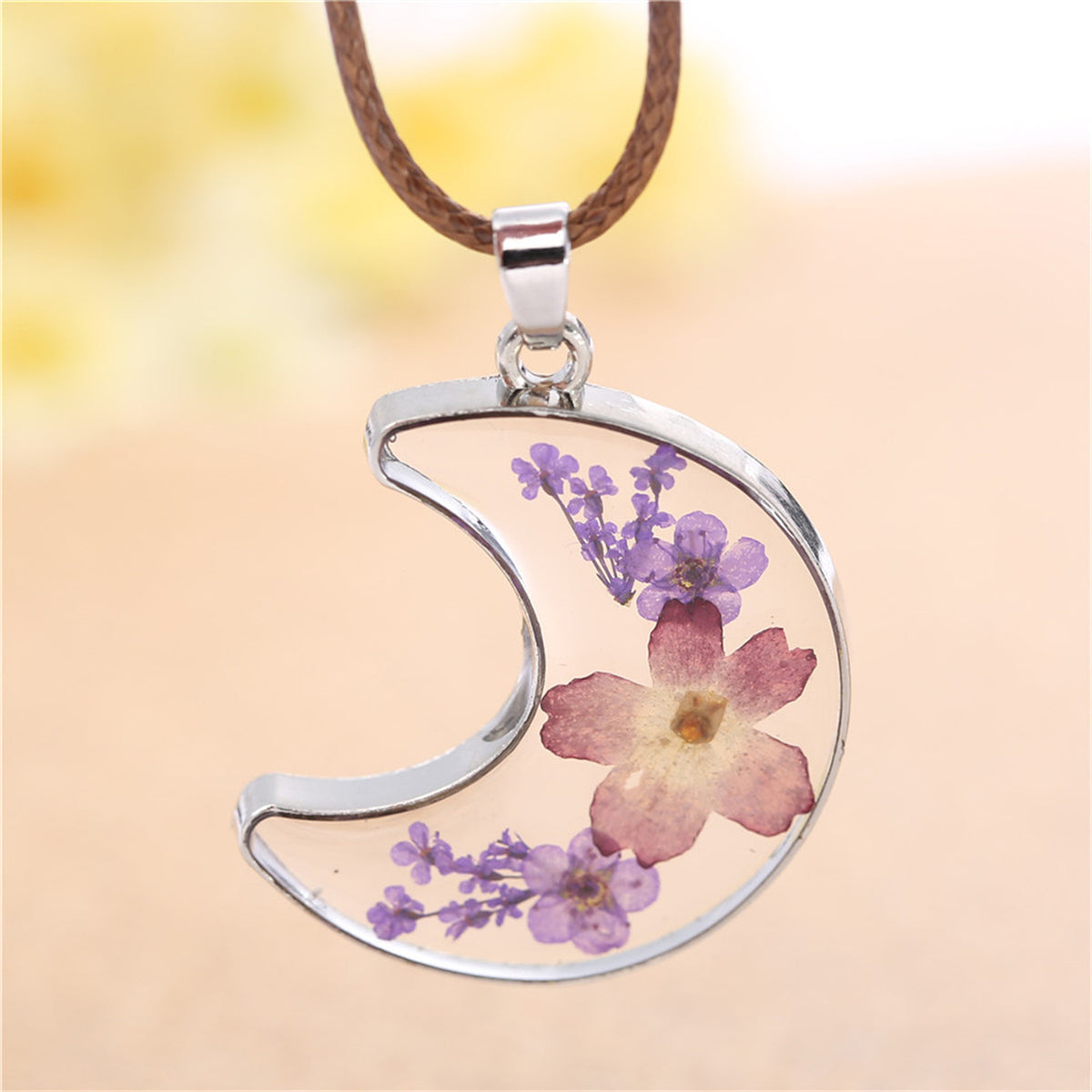 Purple Peach Blossom & Silver-Plated Moon Pendant Necklace