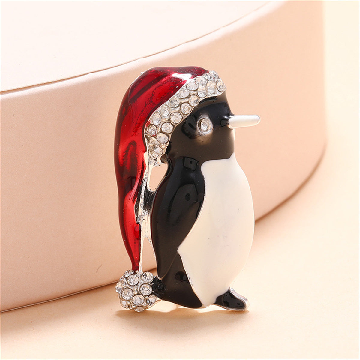 White Cubic Zirconia & Red Enamel Santa Penguin Brooch