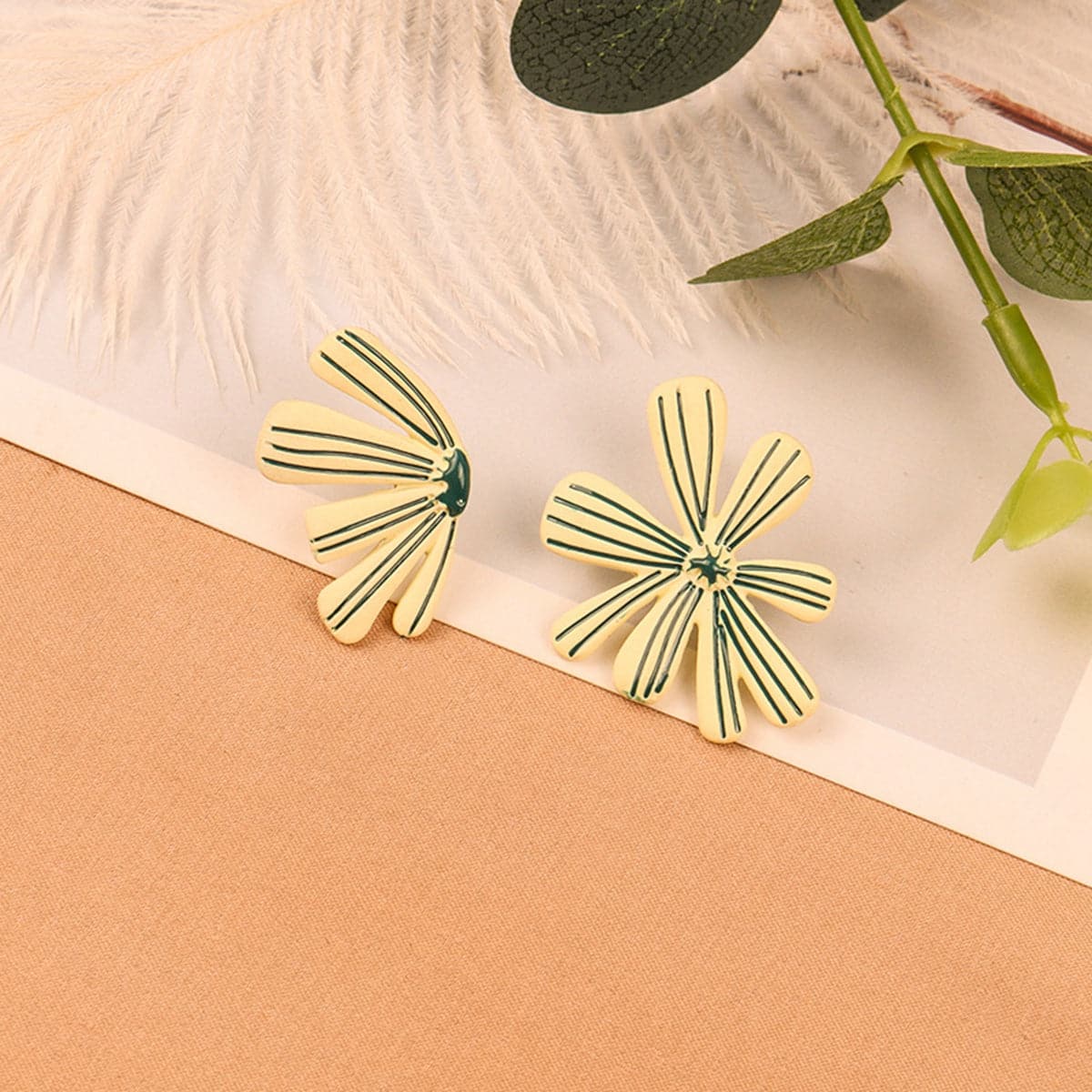 Green Enamel Asymmetric Floral Stud Earrings