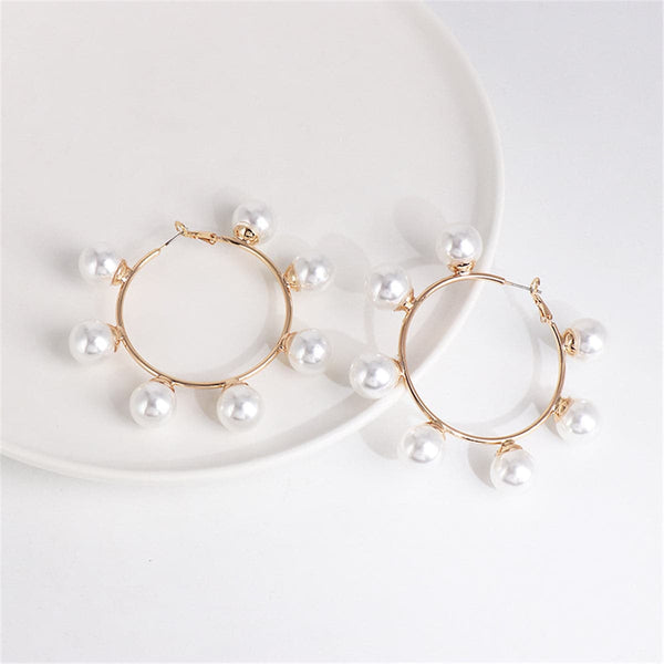 Pearl & Goldtone Station Hoop Earring