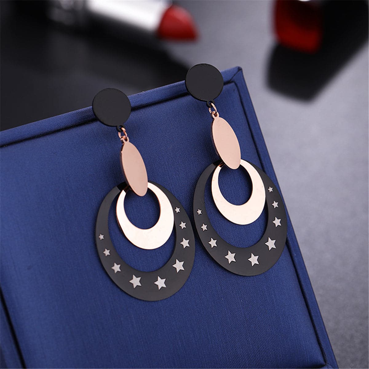 Black and 18K Rose Gold-Plated Star Circle Drop Earrings, rose gold drop earrings for women, lifestyle look