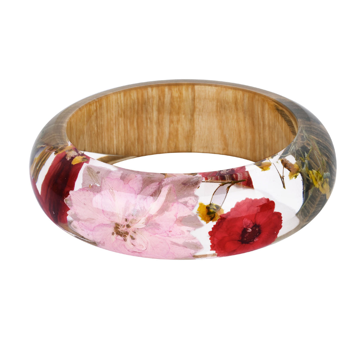 Pink Dried Flower Wooden Bangle, bangle bracelet, vintage-inspired design, detail close-up