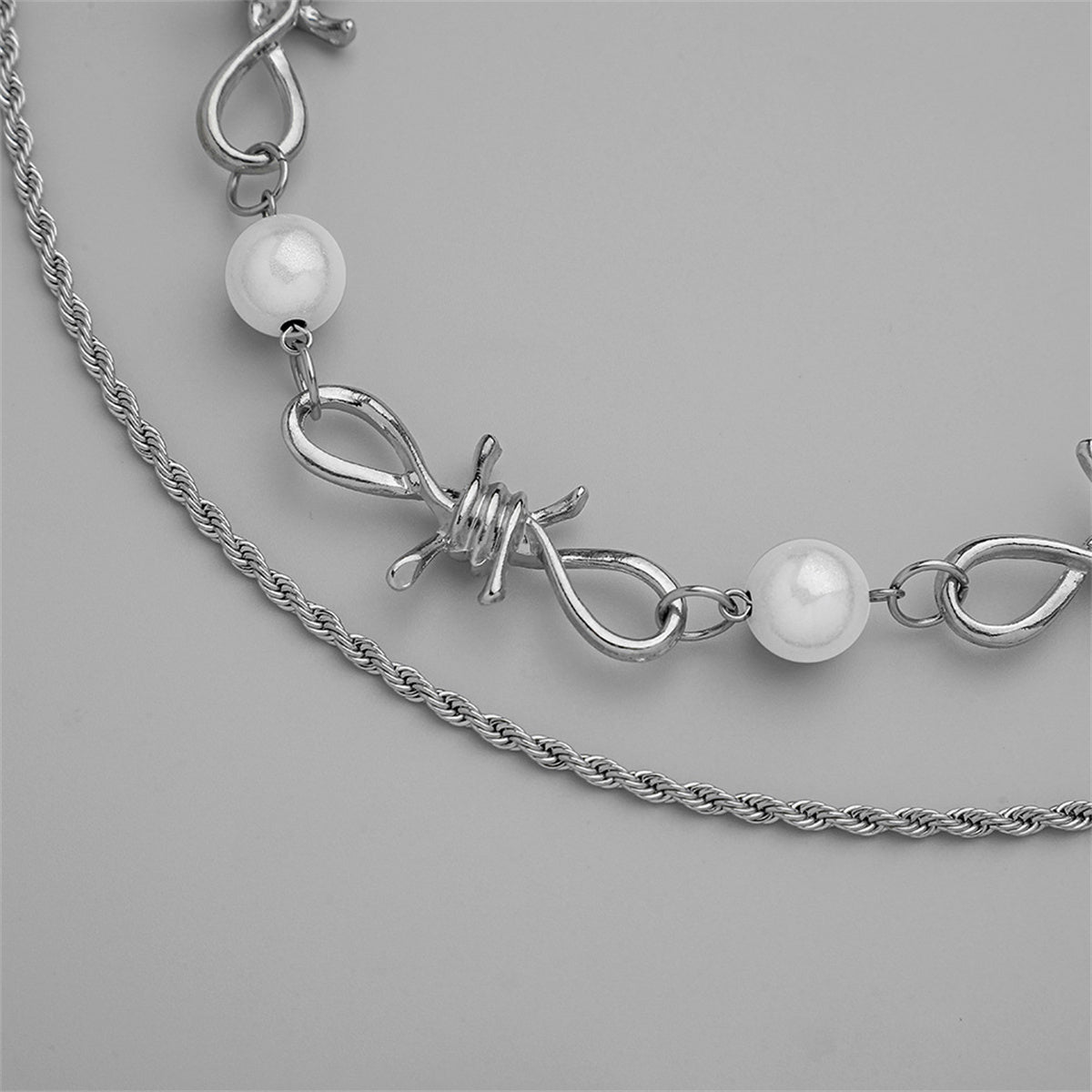 Pearl and Silver-Plated Curb Twine Thorns Station Necklace Set, jewelry gift sets for women, everyday style, detail close-up