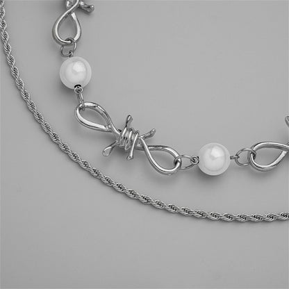 Pearl and Silver-Plated Curb Twine Thorns Station Necklace Set, jewelry gift sets for women, everyday style, detail close-up