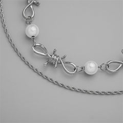 Pearl & Silver-Plated Curb Twine Thorns Station Necklace Set