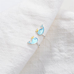 Blue Enamel & Silver-Plated Whale Stud Earrings