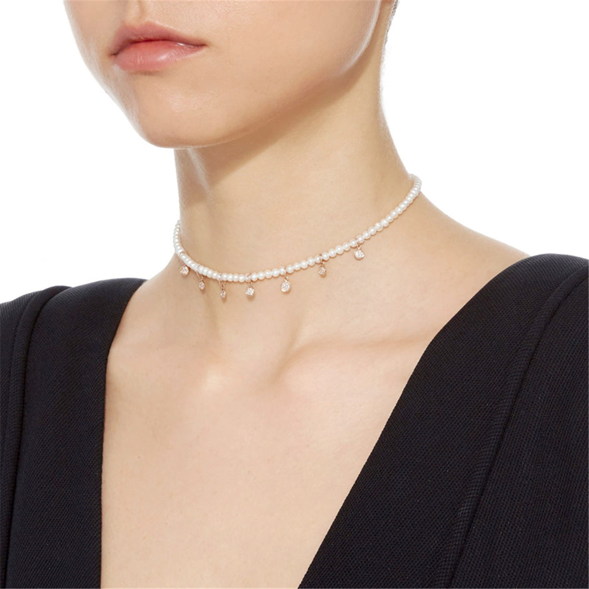 Cubic Zirconia and Pearl Station Necklace, pendant necklace for women, botanical inspired, detail close-up