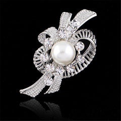 Pearl & Cubic Zirconia Silver-Plated Bow Filigree Brooch