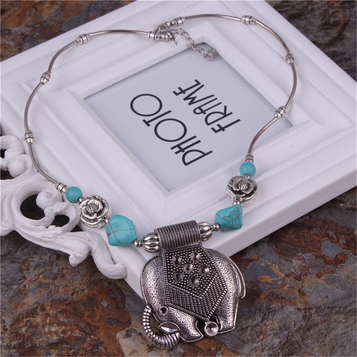 Turquoise & Silver-Plated Elephant Pendant Necklace