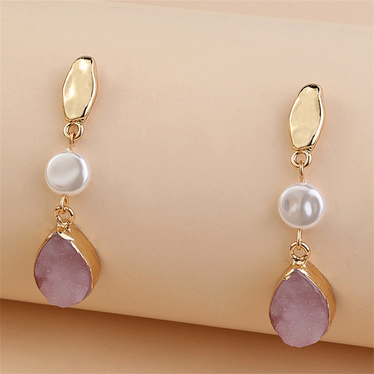 Pearl and Pink Resin 18K Gold-Plated Drop Earrings, gold drop earrings for women, everyday style, side view