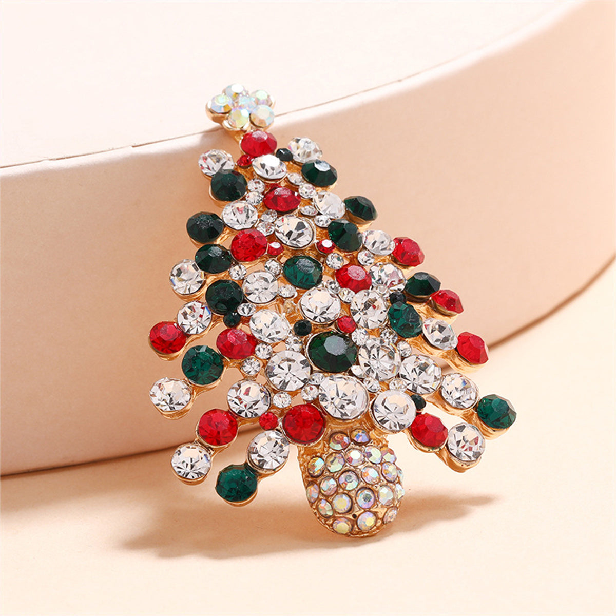 Red and White Cubic Zirconia Christmas Tree Brooch, brooch pin, botanical inspired, side view