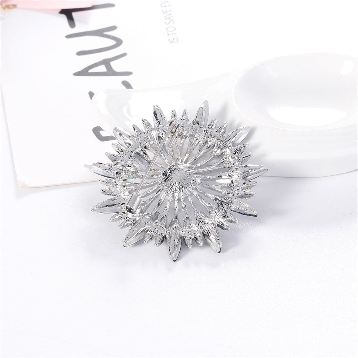 Blue Crystal & Cubic Zirconia Pearl Silver-Plated Sunflower Brooch