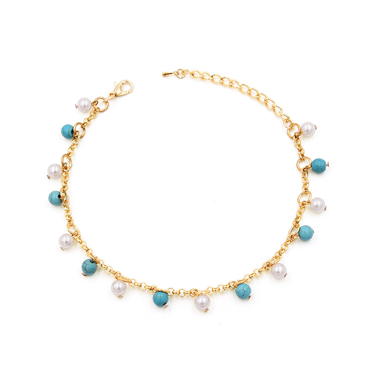 Turquoise & Pearl 18K Gold-Plated Bead Station Anklet