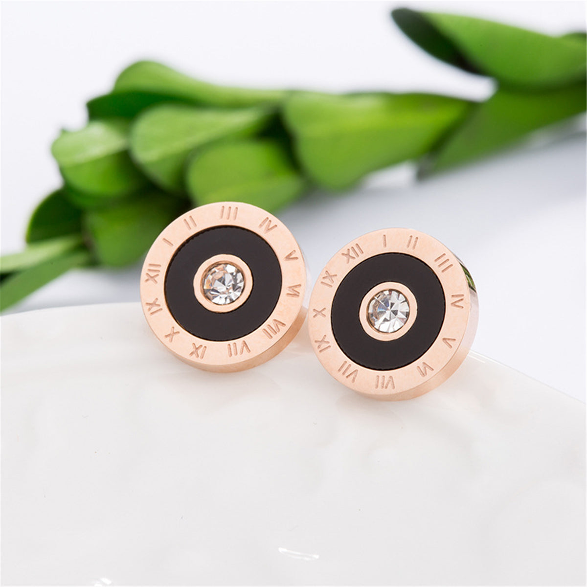 Cubic Zirconia & 18K Rose Gold-Plated Roman Numeral Disc Stud Earrings