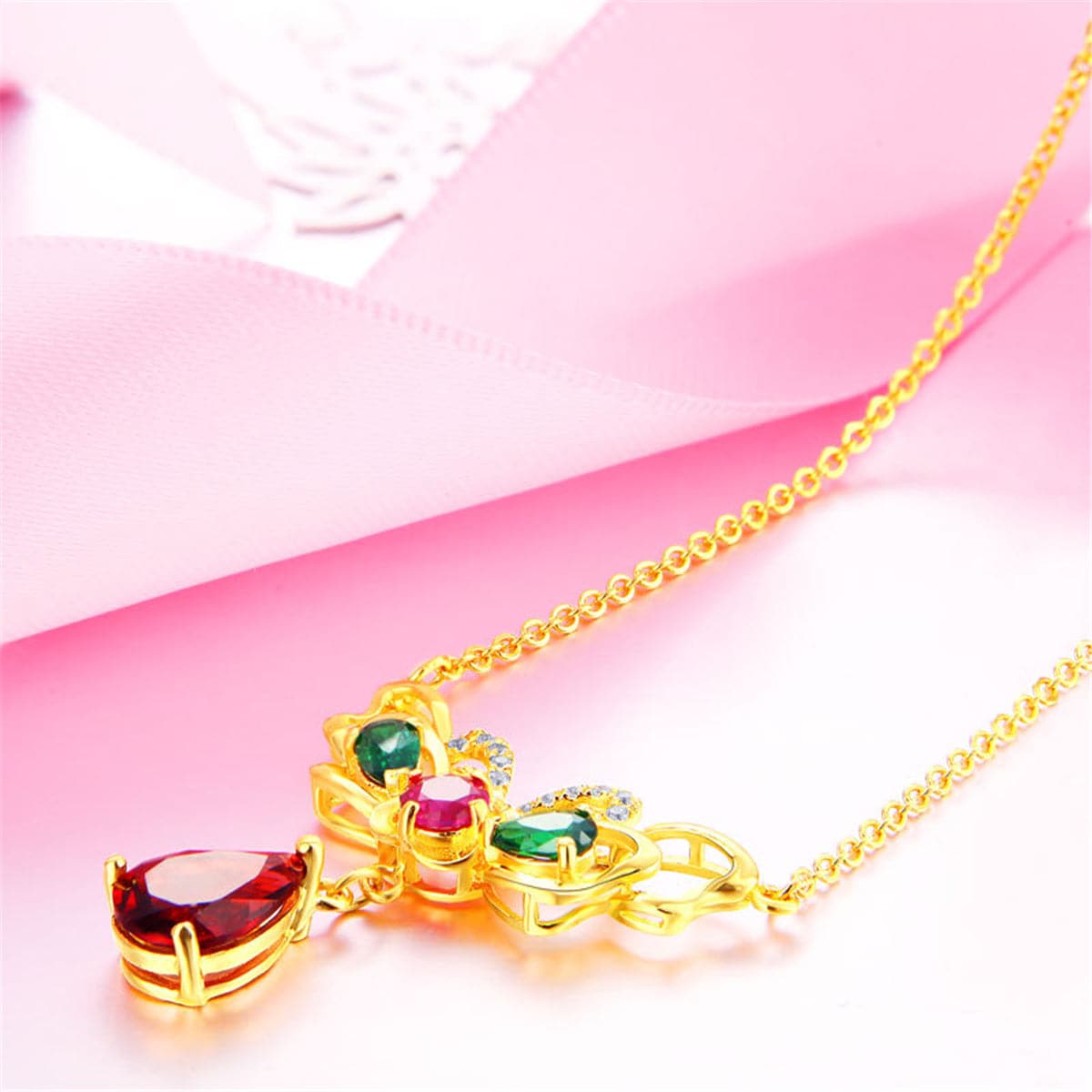 Red Crystal and Cubic Zirconia Butterfly Pendant Necklace, pendant necklace for women, detail close-up