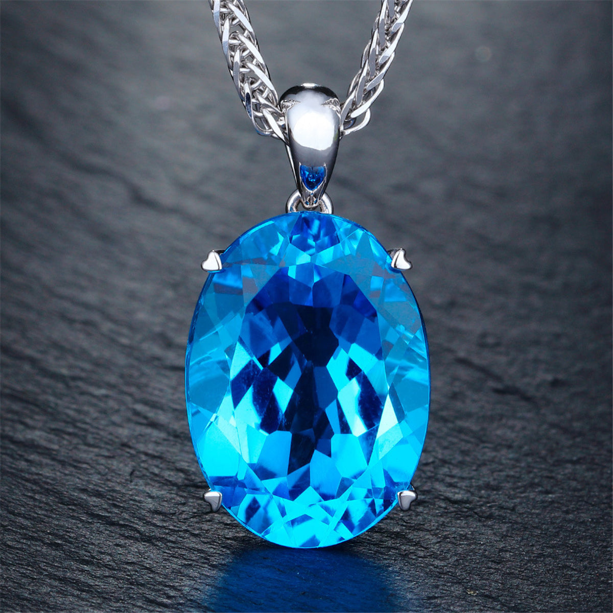 Blue Crystal and Silver-Plated Oval-Cut Pendant Necklace, silver pendant necklace for women, everyday style, detail close-up