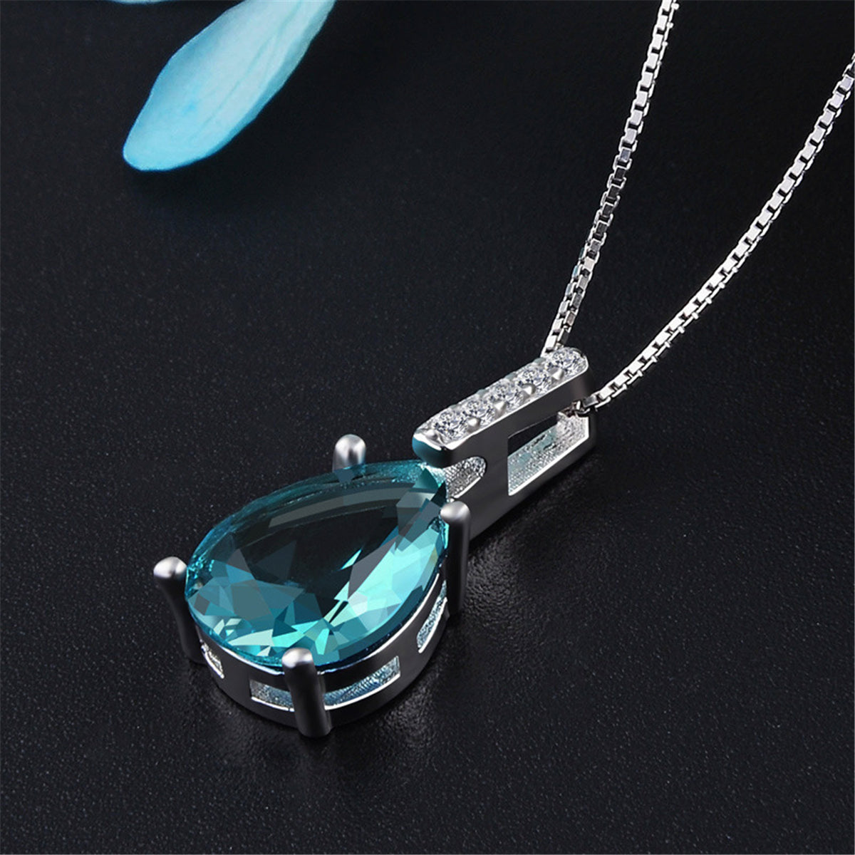 Cubic Zirconia and Aqua Pear Cut Crystal Bezel Prong Pendant Necklace, pendant necklace for women, detail close-up