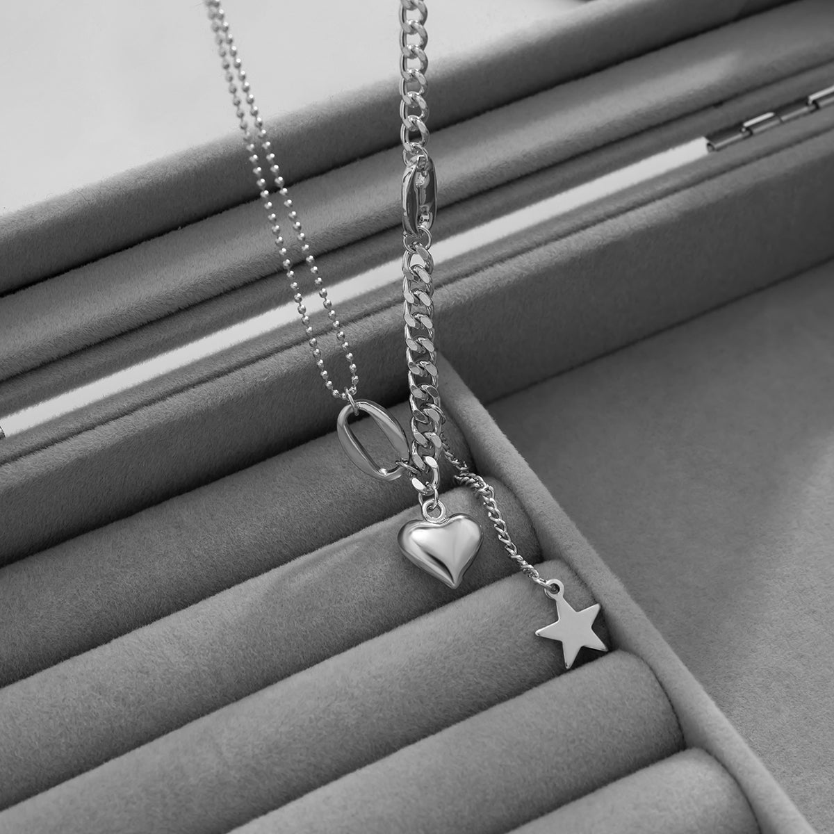 Silver-Plated Heart and Star Pendant Necklace, silver pendant necklace for women, everyday style, side view