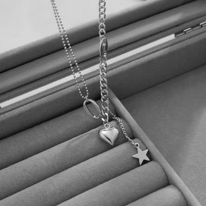 Silver-Plated Heart and Star Pendant Necklace, silver pendant necklace for women, everyday style, side view