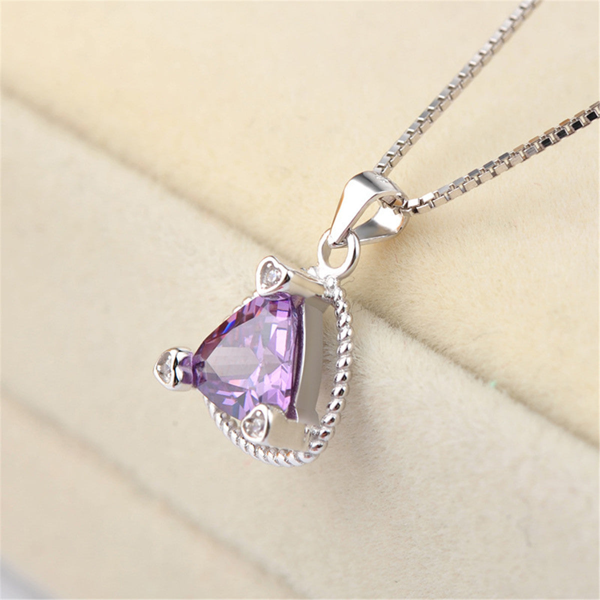Purple Crystal and Silver-Plated Triangle Frame Pendant Necklace, silver pendant necklace for women, detail close-up