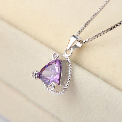 Purple Crystal and Silver-Plated Triangle Frame Pendant Necklace, silver pendant necklace for women, detail close-up