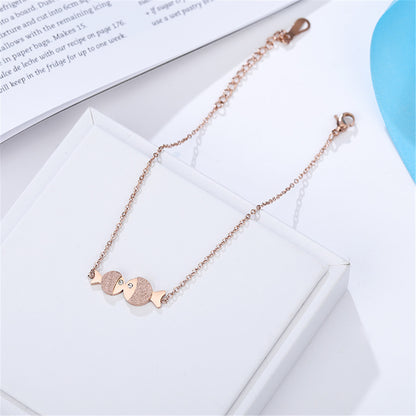 18K Rose Gold-Plated and Cubic Zirconia Double Frosted Fish Anklet, rose gold anklet bracelet, detail close-up