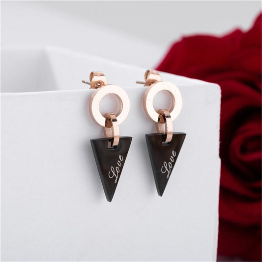 Black and 18K Rose Gold-Plated 'Love' Triangle Drop Earrings, rose gold drop earrings for women, front view