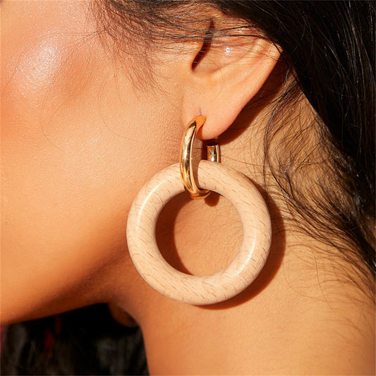 Wood and 18K Gold-Plated Circle Drop Earrings, gold drop earrings for women, dainty minimalist design, front view