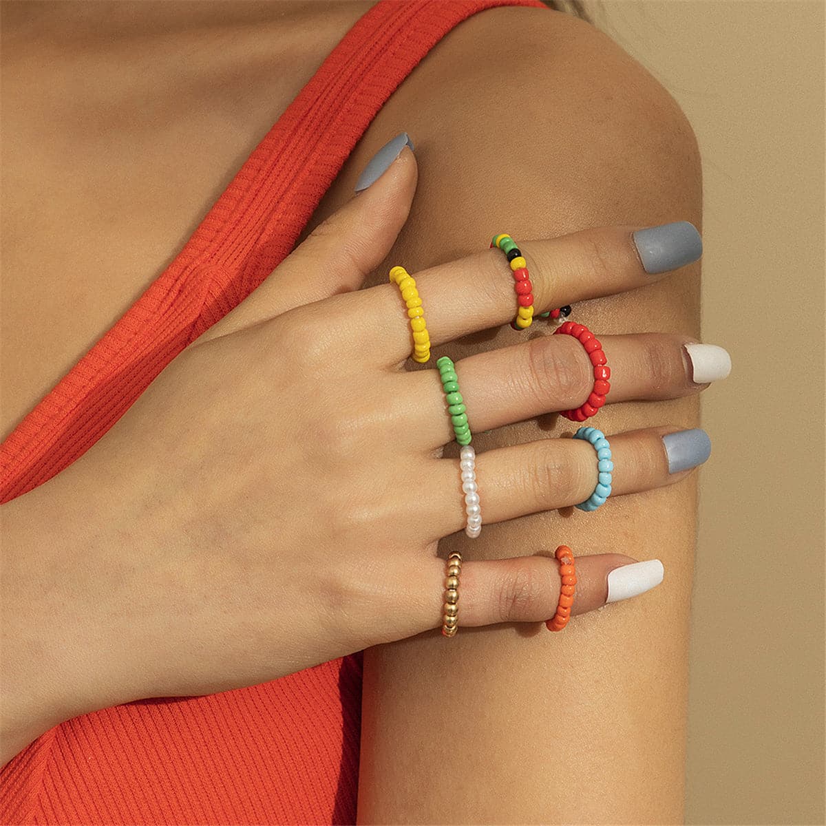 Yellow and Red Beaded Stretch Ring Set, jewelry gift sets for women, botanical inspired, detail close-up