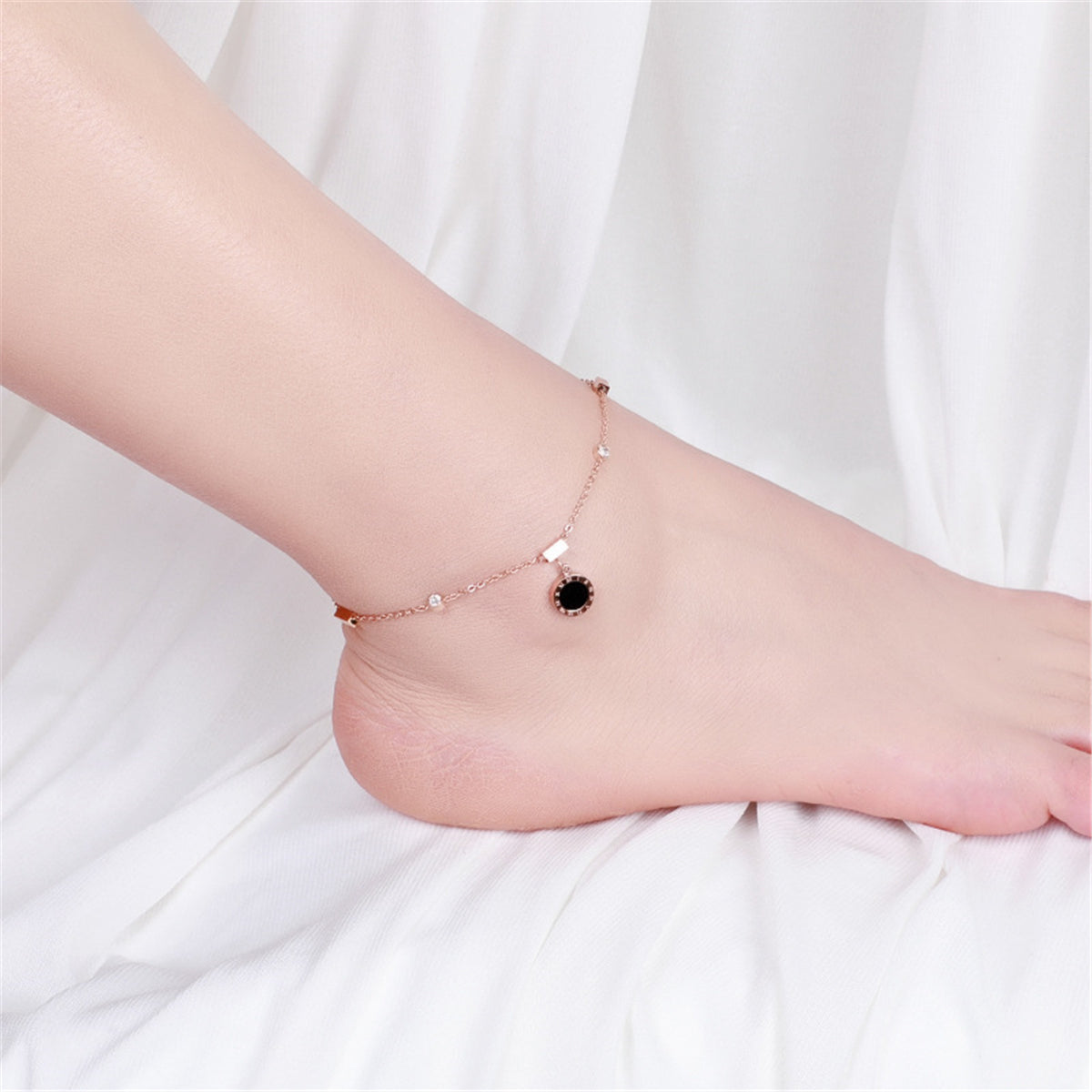 18K Rose Gold-Plated Roman Numeral Charm Anklet, rose gold anklet bracelet, elegant gift for her, detail close-up